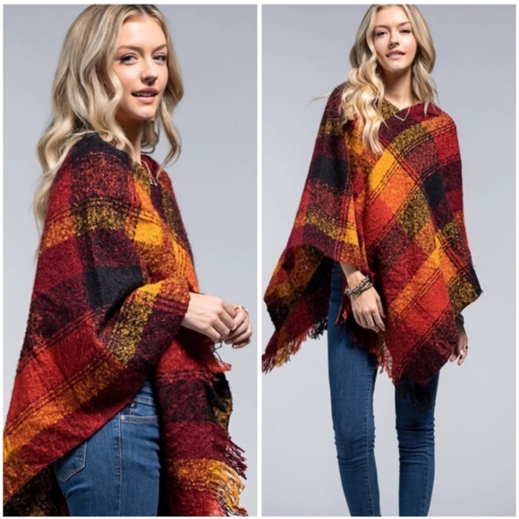 Pumpkin Spice Boucle Yarn Plaid Poncho Fringe Accent - Picture 2 of 2